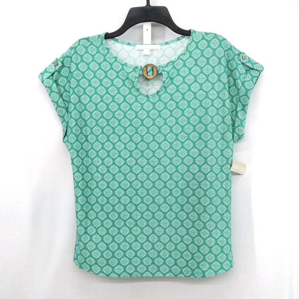 Juniper & Lime Shirt Women Size PS Green Roll Tab Sleeve Keyhole Neck Blouse Top